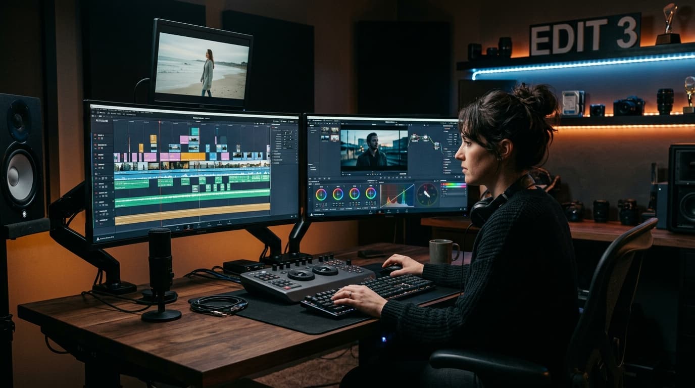 Video editor working on dual monitors in creative suite