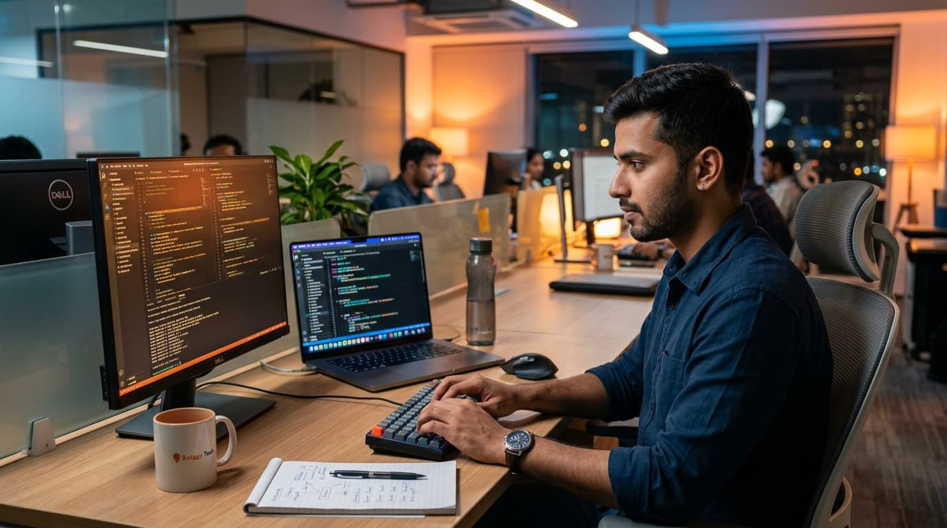 Full Stack Developer coding on laptop