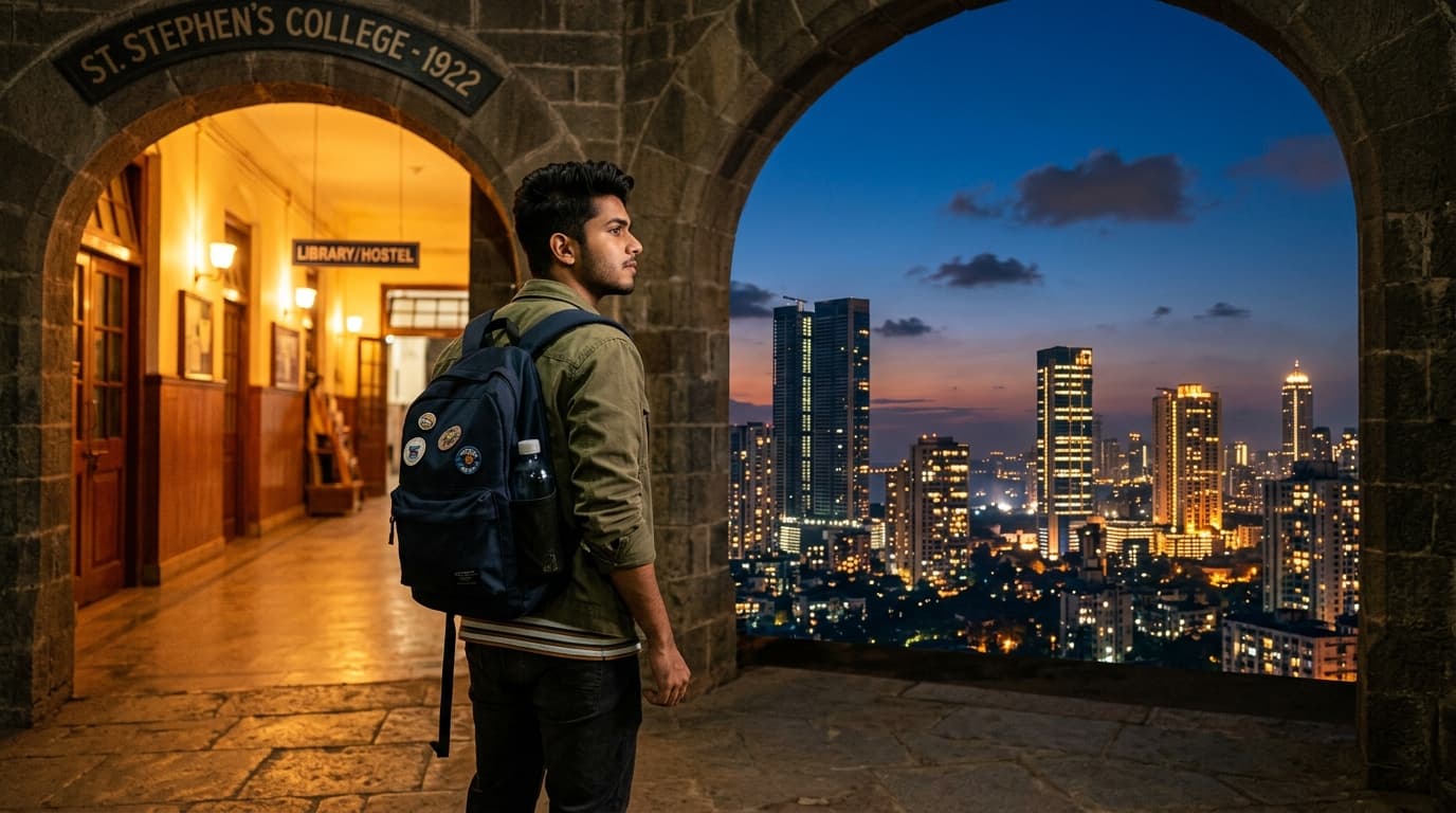 Student looking toward city skyline representing career future
